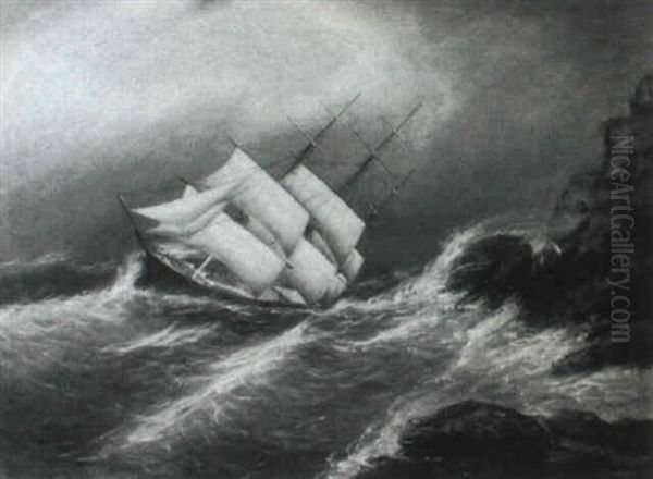 Ship Off A Rocky Coast Oil Painting by Clement Drew