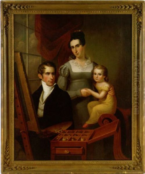 Family Portrait Of The Artist Holding A Palette And Sitting At His Easel With His Wife, Catherine Hookey Drexel And His Daughter, Mary Johanna Drexel Posing Behind Him Oil Painting by Francis Martin Drexel