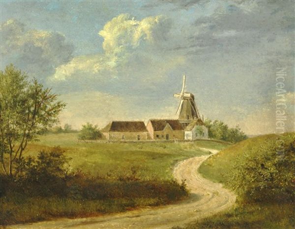 Houses And A Mill At The End Of A Road Oil Painting by Dankvart-Christian-Magnus Dreyer