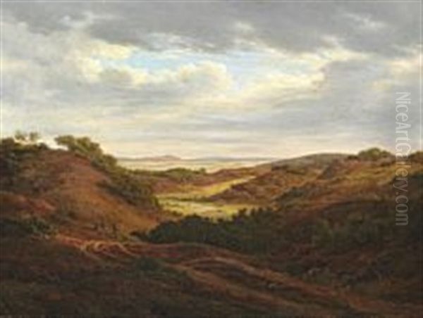 Moor Landscape With Heather Hills Oil Painting by Dankvart-Christian-Magnus Dreyer