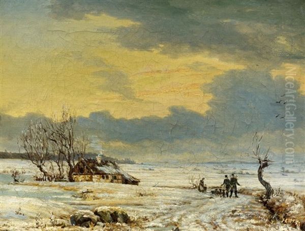 Weite Danische Winterlandschaft Mit Jagern Oil Painting by Dankvart-Christian-Magnus Dreyer