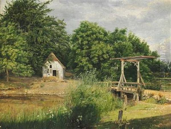 Indkorsel Til En Skov Med Et Ledvogterhus; I Forgrunden En Traekbro Oil Painting by Dankvart-Christian-Magnus Dreyer