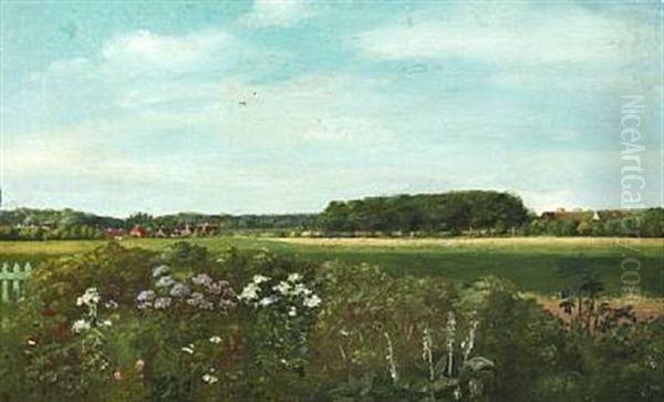 View From A Garden Towards The Surrounding Fields Oil Painting by Dankvart-Christian-Magnus Dreyer