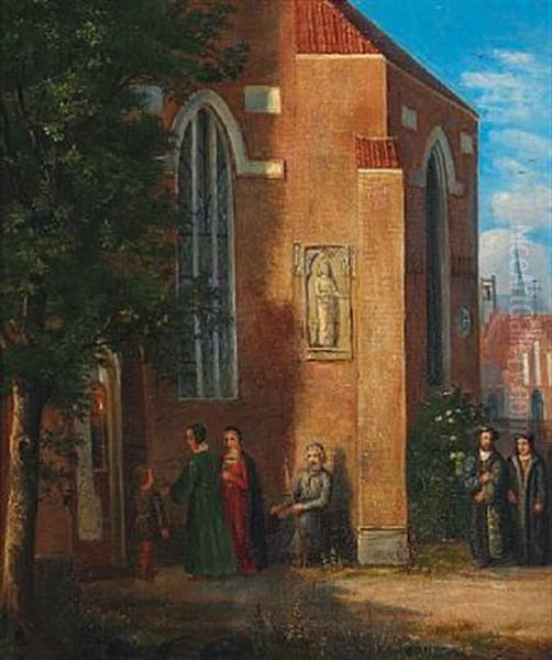 Parti Foran En Kirke; Kirkegaengere I Det Xvi Arhundredes Dragter Oil Painting by Dankvart-Christian-Magnus Dreyer