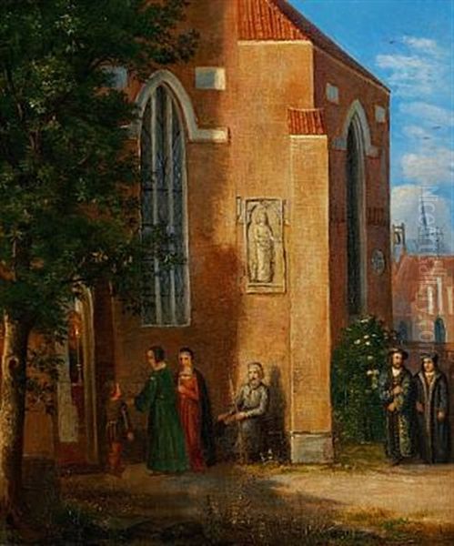 Parti Foran En Kirke; Kirkegaengere I Det Xvi Arhundredes Dragter Oil Painting by Dankvart-Christian-Magnus Dreyer