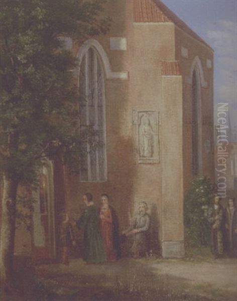 Parti Foran Kirke, Kirkegaengere I Xvi-tals Dragter Oil Painting by Dankvart-Christian-Magnus Dreyer