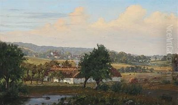 Landscape From Barlose With A View Of A White Farm With Thatched Roof Oil Painting by Jorgen Gantzel Blicher Dreyer