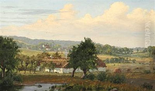 Landscape From Barlose With A View Of A White Farm With Thatched Roof Oil Painting by Jorgen Gantzel Blicher Dreyer