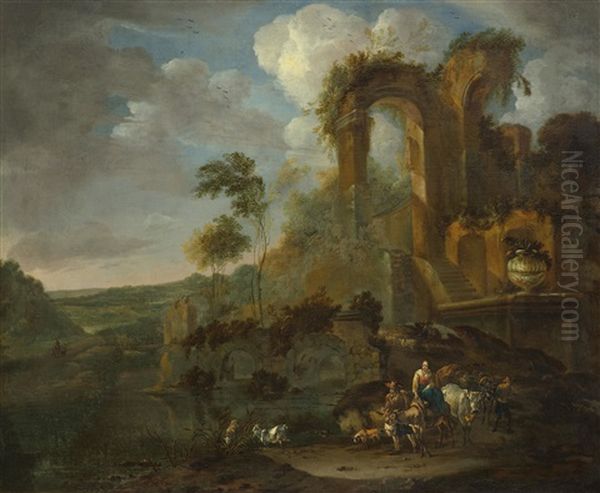 Shepherd Family With Animals By Water Before A Ruin by Willem van Drielenburch