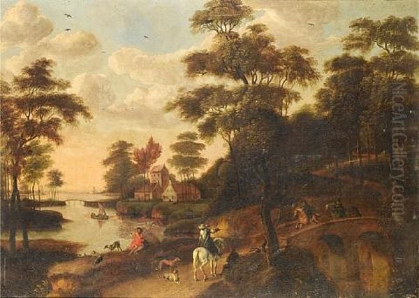 Horsemen Crossing A Bridge Before A Coastal Landscape Oil Painting by Willem van Drielenburch