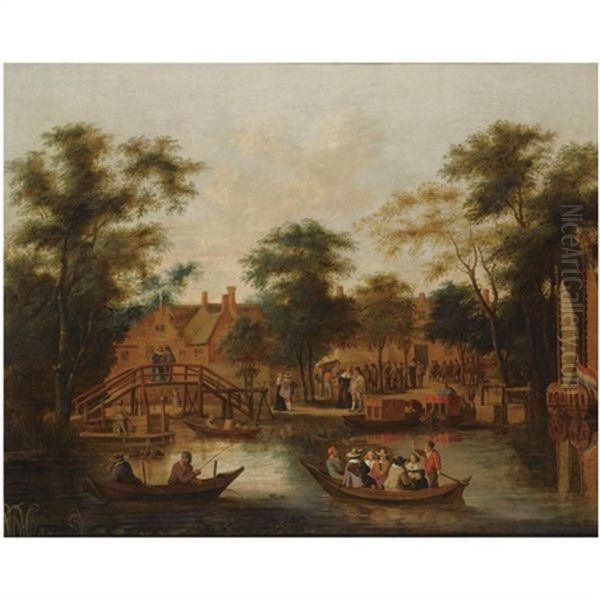 A Wooded River Landscape With A Village With Fishermen And An Elegant Company In A Rowing Boat In The Foreground, Two Elegant Figures On A Wooden Bridge On The Left, Other Figures On The River Banks by Willem van Drielenburch