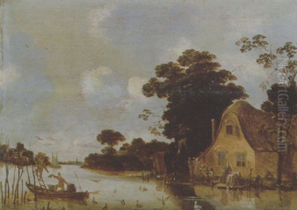 A River Landscape With Figures In A Boat And Washerwomen On The River Bank By A Cottage Oil Painting by Willem van Drielenburch