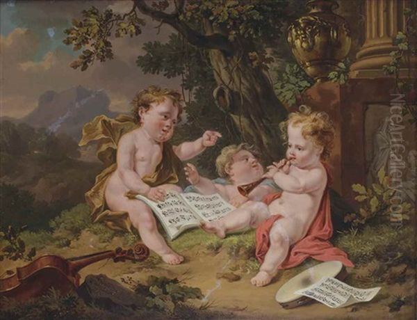 Three Putti Making Music Before A Classical Column With An Urn And Relief Sculpture, A Mountainous Landscape Beyond Oil Painting by Egbert Van Drielst