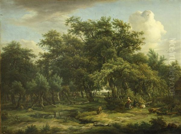 Figures And Cattle In A Pastoral Landscape Oil Painting by Egbert Van Drielst