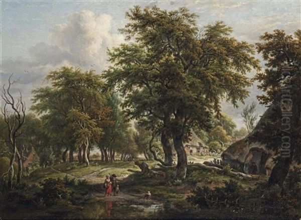 A Wooded Dune Landscape With Figures Near A Farm House Oil Painting by Egbert Van Drielst