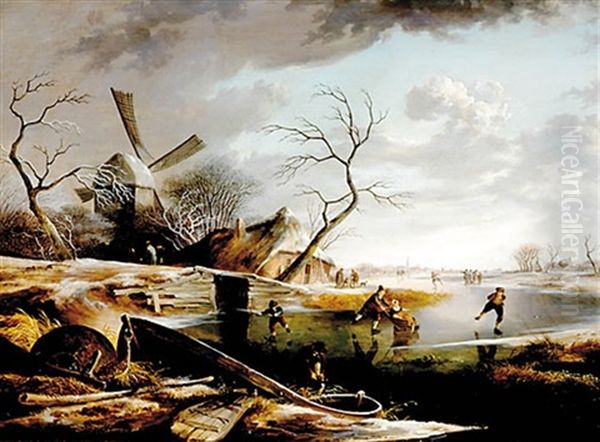 Skating In Winter Oil Painting by Egbert Van Drielst