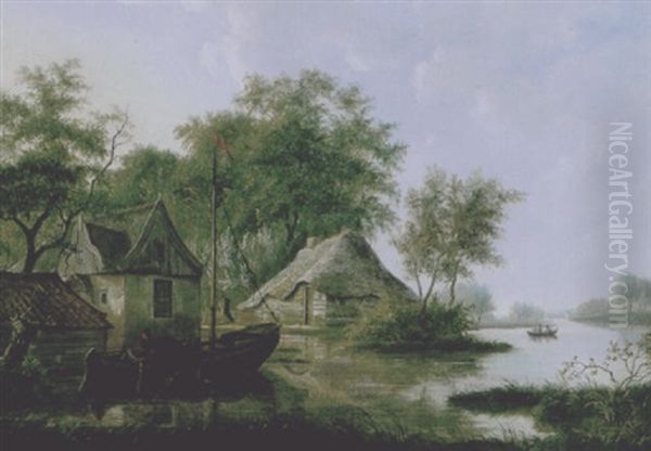 Gezicht Op Een Rivier Met Links Bebouwing Oil Painting by Egbert Van Drielst