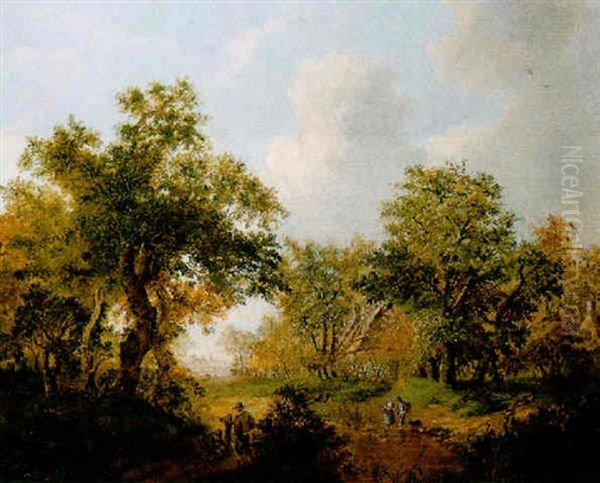 Woodgatherers Near A Fence In A Wood Oil Painting by Egbert Van Drielst