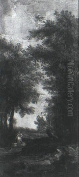 A Maid On A Path Carrying Water & A Traveller On Horseback On A Wooded Path Oil Painting by Egbert Van Drielst