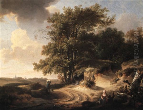 A Landscape With Figures On A Road Beside A Wood Oil Painting by Egbert Van Drielst