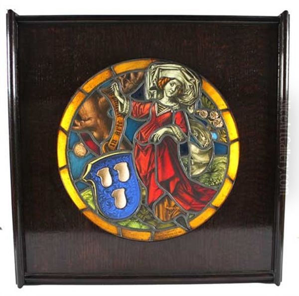 Frau In Renaissancekleidung Mit Blauem Wappen Mit 3 Schilden Oil Painting by Hans Drinneberg