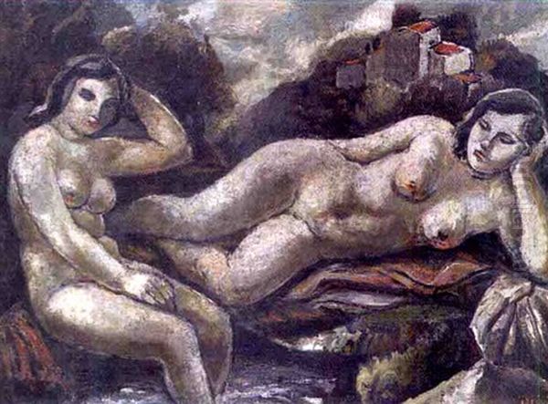 Deux Baigneuse Nues Au Bord D'un Torrent by Leon-Ernest Drivier