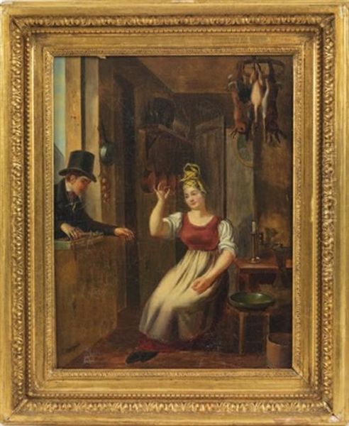 Colporteur A La Fenetre Et Jeune Femme A La Robe Rouge Dans Une Cuisine Oil Painting by Martin Droelling