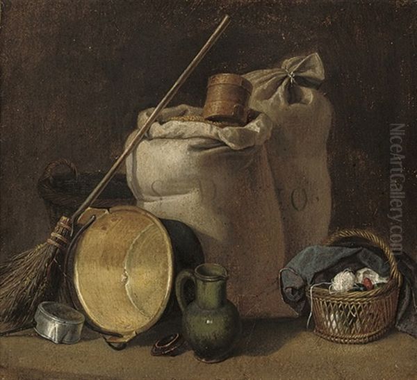 Sacks Of Grain, A Broom, An Up-turned Pot, A Jug And A Basket Of Yarn Oil Painting by Martin Droelling