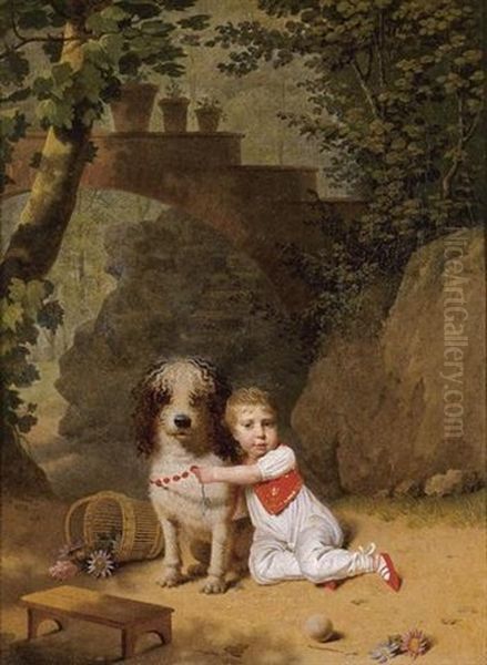 Portrait Of A Little Boy Placing A Coral Necklace On A Dog, Both Seated In A Parkland Setting Oil Painting by Martin Droelling