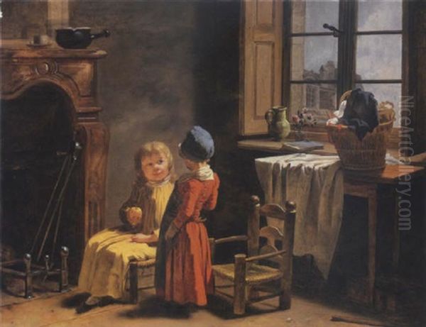 Les Enfants De L'artiste Conversant Pres D'une Cheminee Oil Painting by Martin Droelling