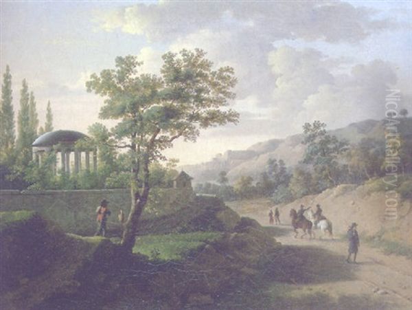 A Landscape With Travelers On A Road And A Rotunda In A Walled Garden Oil Painting by Martin Droelling