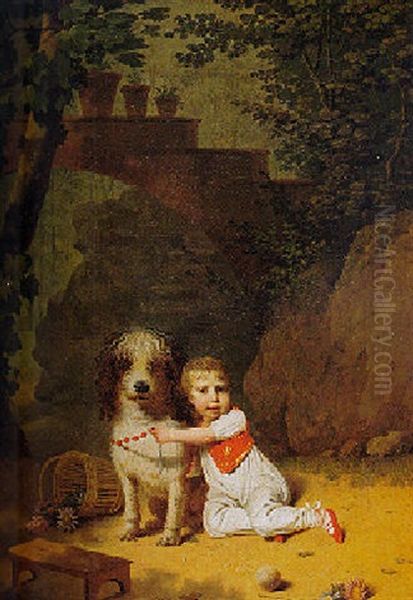 Portrait Of A Little Boy Placing A Coral Necklace On A Dog, Both Seated In A Parkland Setting Oil Painting by Martin Droelling