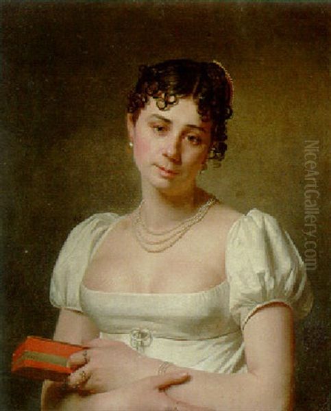 Portrait Of A Young Lady, Half Length, In A White Dress And Pearls, Holding A Book Oil Painting by Martin Droelling