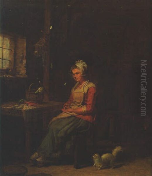 A Maid Seated By A Window In A Kitchen Oil Painting by Martin Droelling