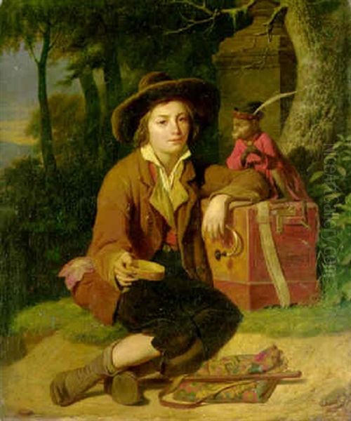 A Boy Begging With An Accordian And A Monkey Oil Painting by Martin Droelling