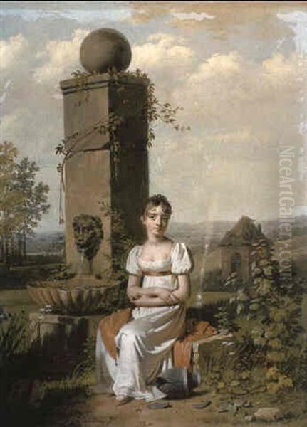 A Young Woman Sitting By A Fountain With A Broken Urn In A Landscape Oil Painting by Martin Droelling