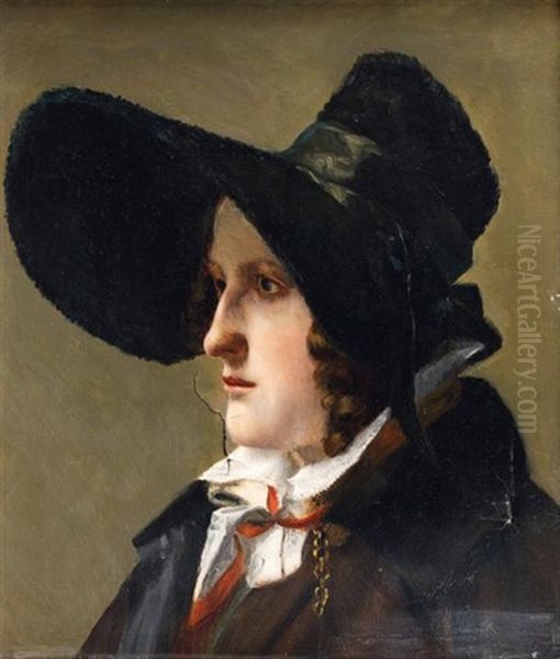 Portrait De Jeune Femme Portant Un Chapeau Anglais Dit Poke Bonnet Oil Painting by Michel Martin Drolling