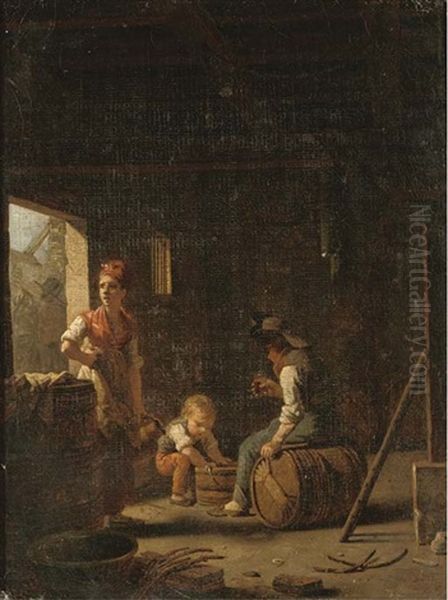 A Peasant Couple With A Child In A Barn Oil Painting by Michel Martin Drolling