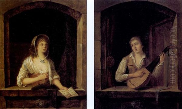 Un Joueur De Luth Dans L'embrasure D'une Fenetre (+ Une Jeune Fille Tenant Une Partition De Musique Dans L'embrasure D'une Fenetre; Pair) Oil Painting by Michel Martin Drolling