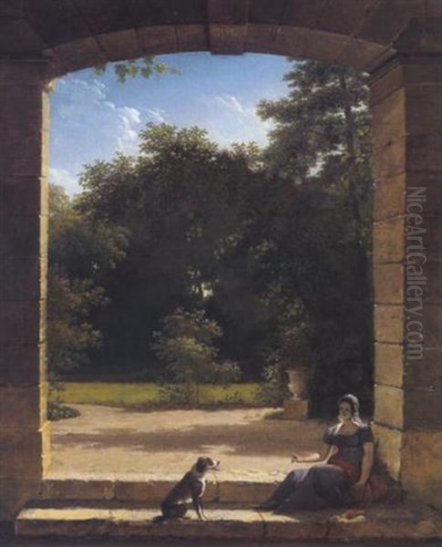 Eine Junge Dame Mit Ihrem Hund Auf Den Stufen Zu Einer Parklandschaft Oil Painting by Michel Martin Drolling