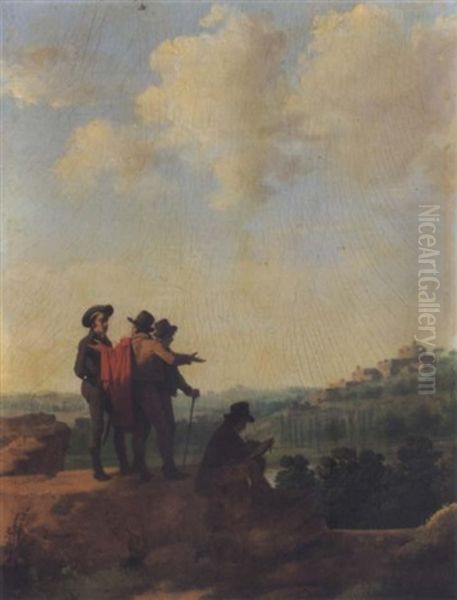 Three Men Conversing And An Artist Drawing A Landscape Oil Painting by Michel Martin Drolling