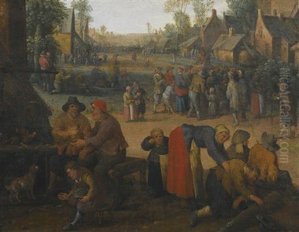 A Village Scene With Numerous Peasants And A Travelling Merchant Oil Painting by Cornelis Droochsloot