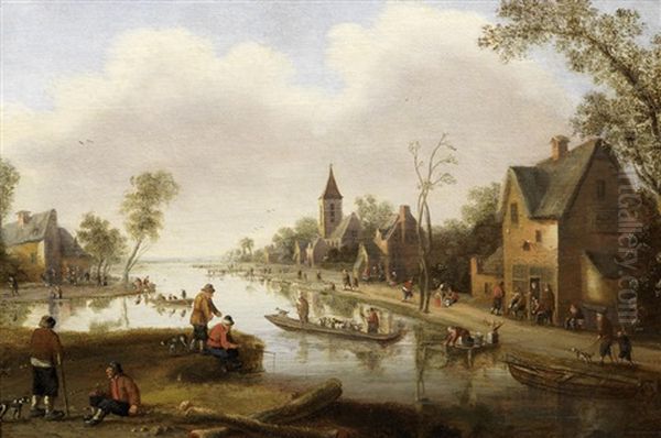 A River Landscape With Figures Outside An Inn And Fishermen In Boats, A Town Beyond Oil Painting by Cornelis Droochsloot