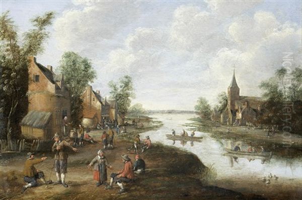 An Extensive River Landscape With Peasants In A Village, A Church Beyond Oil Painting by Cornelis Droochsloot