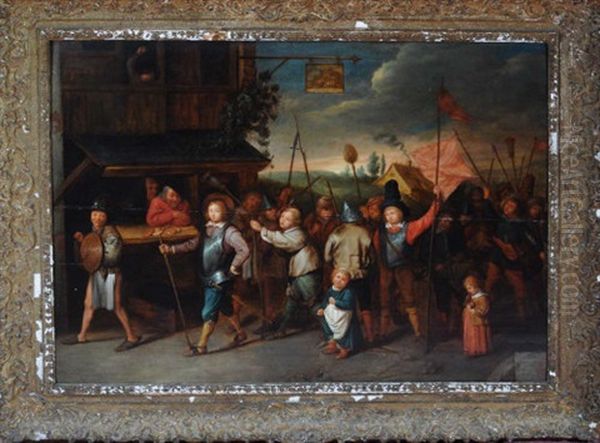 A Band Of Armed Militia Assembling Outside A Village Tavern Oil Painting by Cornelis Droochsloot