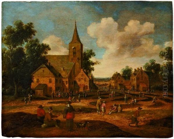 Scene De Village Avec Paysans Et Villageois Sur La Place De L'eglise Oil Painting by Cornelis Droochsloot