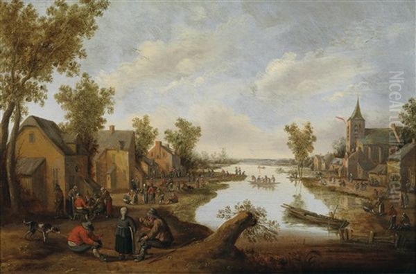 Abendstimmung In Einem An Einem Kanal Gelegenen Bauerndorf Oil Painting by Cornelis Droochsloot