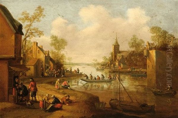 People On A River Embankment In A Village Oil Painting by Cornelis Droochsloot