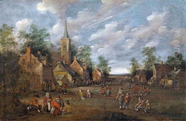 Belebter Dorfweiler Mit Einer Kirche Oil Painting by Cornelis Droochsloot