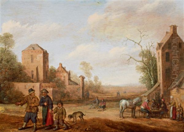 Eine Dorfszene Mit Reisenden Und Bauern Auf Einer Strasse Oil Painting by Cornelis Droochsloot